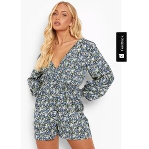 Blue Floral Balloon Sleeve Romper Size 8 boho Y2K